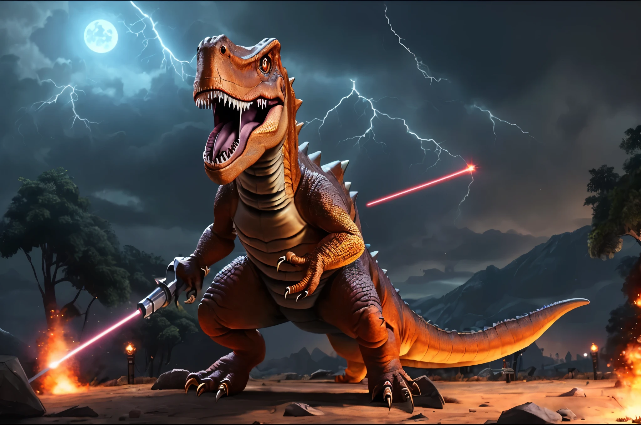 (((dinosaur character, full body, cinematic setting, lizard male))) 

Here I come, drop your jaws to the floor
I'm riding on my (((mighty laser-shooting dinosaur))) 
Here we come, can you hear him roar?

Prepare for epic fight and his (((laser missiles)))
The sound is boom, boom, boom for every time a goblin dies
Let's sing now, here we go, hear my battle cries

(((Made of metal))) from the moon
Assembled by samurai
His battery gets charged by thunderstorm
With most advanced AI
Devouring trolls and unicorns
From his maw there comes a flame
Burning away our enemies
And therefore we proclaim

BREAK, detailed background, 8K, (masterpiece:1.5), intricate details, highly detailed, extreme detail, octane render, fine art, best quality, highres, (detailed face:1.5), ((full_body)), UHD, (((perfect hands))), low light