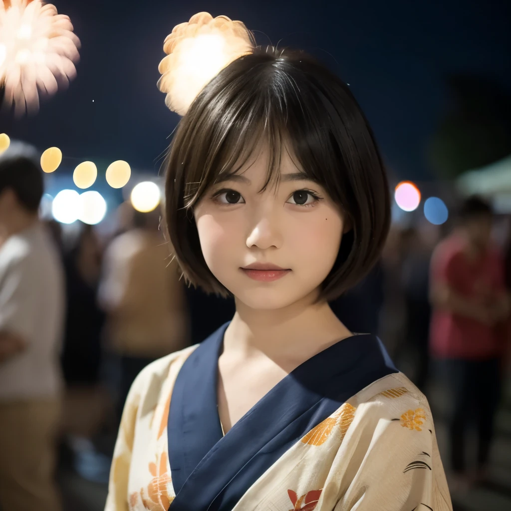 a cute young girl wearing a yukata at a fireworks festival, extremely detailed, high resolution, (realism:1.4), original photography, 1 girl, brown eyes, short brown hair in a bob cut, gentle bust, full body shot, , , delicate features, cinematic lighting, Yukata is flapping