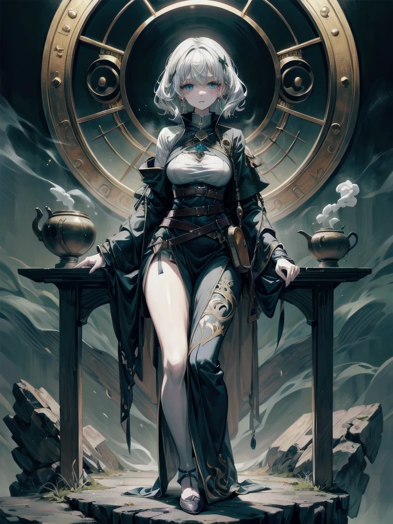 whole body, Anime character, a beautiful witch in her alchemist room, working on her project with a steaming cauldron filled with green glowing smoke, dressed in a traditional witch outfit, absurdres, RAW photo, extremely delicate and beautiful, masterpiece, Best Quality, ultra high resolution, 32k, hyperrealistic, ultra-detailed, perfect figure, perfect shape, detailed description, pale skin, 20 years old, detailed beautiful face and eyes, tearful mole, earring, short medium hair, wavy hair,