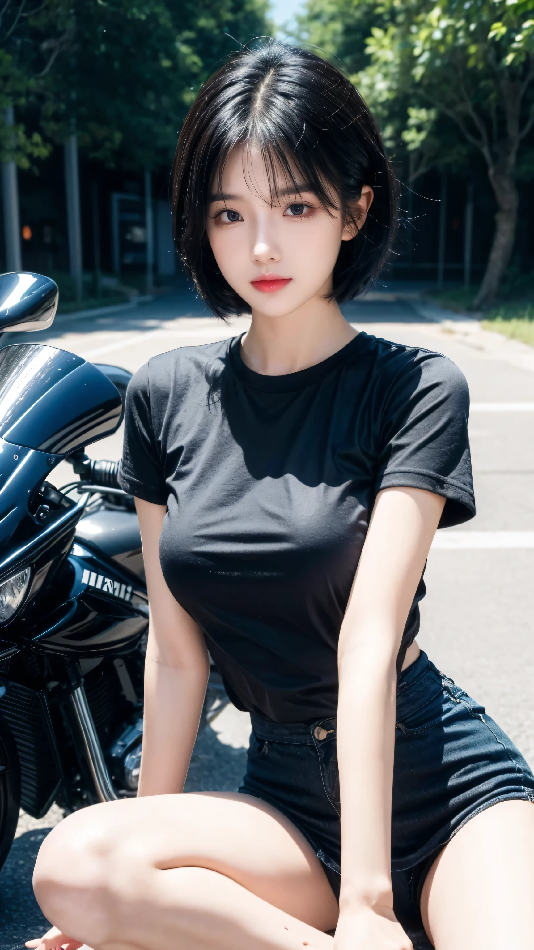 best quality, 1 Girl, dark blue hair, black eyes, Very short hair, Spiky hair, blue t-shirt, High waist short, 171 cm, Messy hair, Hair between the eyes, Medium breasts, full, Tomboy, aldult, 20 years old, 1 Girl, Straddling a motorcycle blue, Brutalist Design、Vibrant colors、Sandy Beach、Spread your legs、sit、The wind is blowing