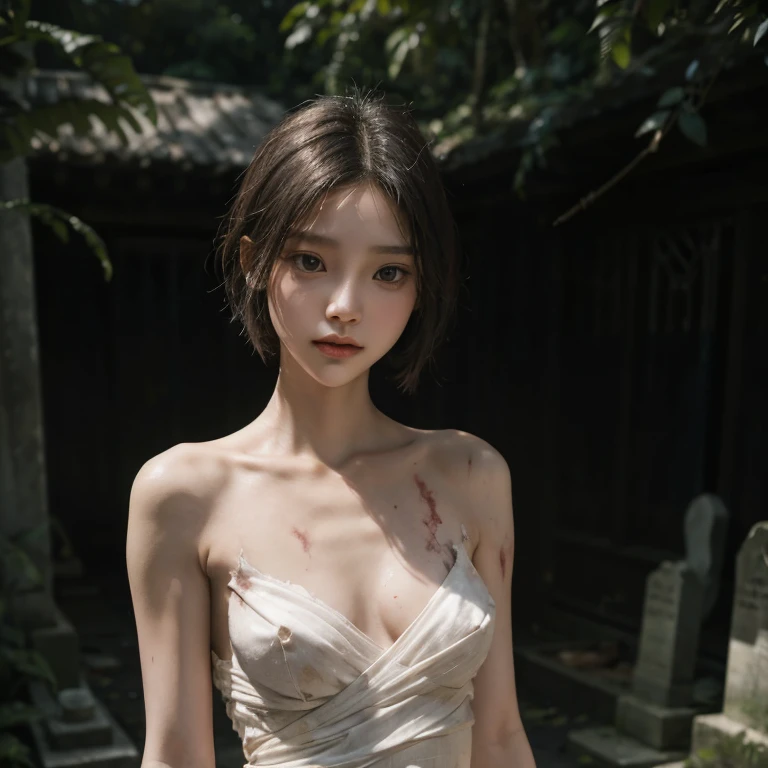 corpse, sinister, female, thin, pale, looking at the camera, ultra realistic, fully detailed, cemetery environment, bright eyes, white dress torn and stained with blood, bones exposed, putrid wounds, , terrifying, bruised by the body, exposed fracture in the collarbone, slight smile, super detailed, black short hair, blood and wounds, stab wounds on body, no clothes, Jennie Kim, naked