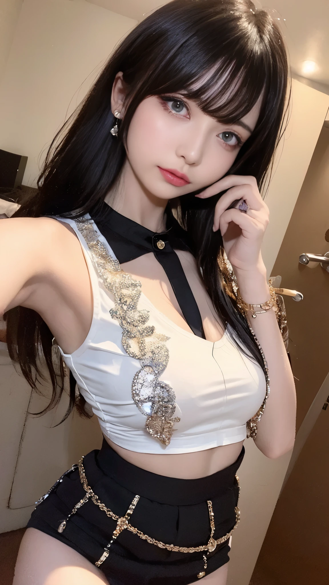highest quality, Tabletop, Actress Photos, beautiful, model, Observe the audience、Background white、From behind、turn around、From above、Martin Boots、Earrings、Earrings、Laughter、Colorful Hair, Black shorts、Blunt bangs、(Black Skirt)、One Girl,alone, Multicolored flashy hair、Realistic, High resolution, 1 girl, Black-haired、Akame, Cowboy Shot、Gothic、( One Girl、Long Hair Girl、beautiful日本の女性、 jirai make up:1.3, Colored contact lenses、Lip gloss, eyebrow、Long eyelashes、Jirai Girl, Jirai Type Makeup:1.3、Long black hair)、((Oily skin:1,5)), Oval Face, pore,(Sparkly red eyeliner:1.1、Deep double eyelids, Thin eyebrows, Glossy lips:1.4),
耳にはたくさんのEarringsがある、(night:1.3)