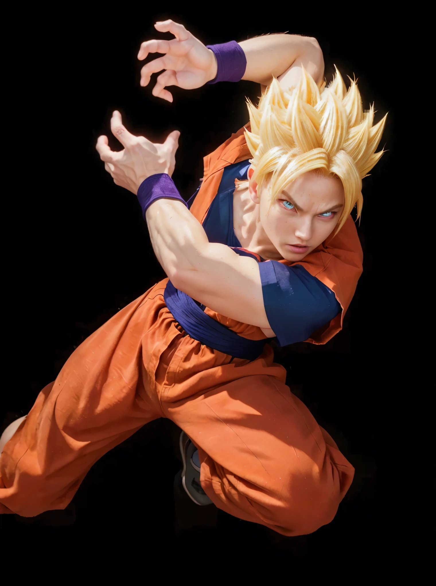 Super Saiyan Gohan convert to Real Life, real hair, real skin, real eyes, red eyes colour, westren face, real skin tone, glowing lighting purple, real lighting source, 4k