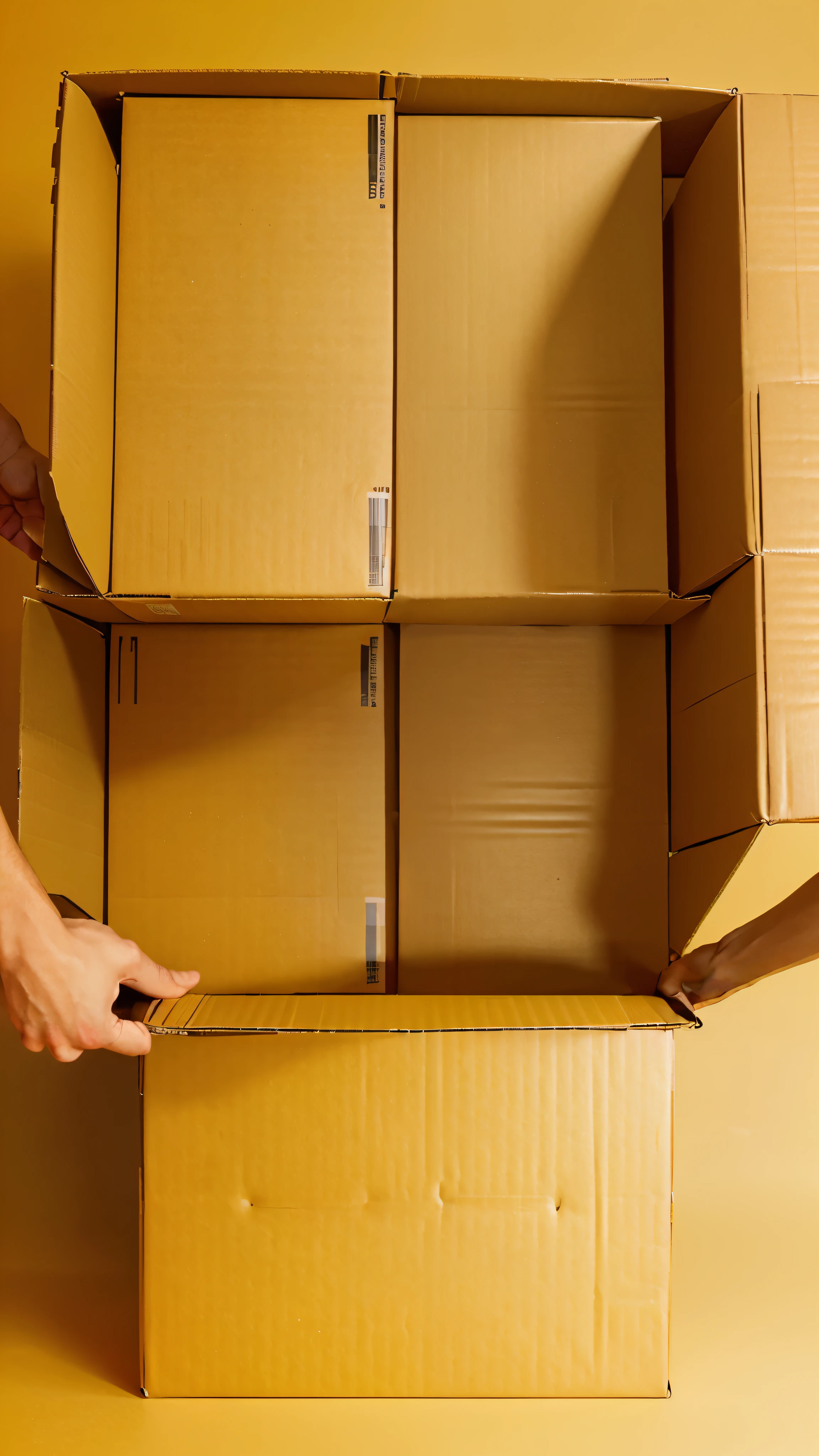 A pair of male hands and forearms holding and delivering a rectangular cardboard box against a solid orange-yellow background. The hands and box should occupy a moderate portion of the image, ensuring there is ample background visible to create a balanced composition. The focus should be on the hands and the parcel, emphasizing the act of delivery with a professional and clean look.