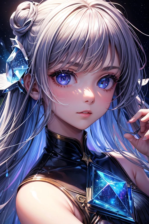 Masterpiece, Wonderful girl, A nice girl, Arrest, High-detail eyes, Perfect eyes, painting, Highly detailed face, The same eyes, glare, Rainbow color, Global illumination, dim light, Simple dream, Digital board, 8 kilos up close, imaginary, Night sky, stars, nebula, White crystal, moon light, Serenity, summer, (8K:1.1)