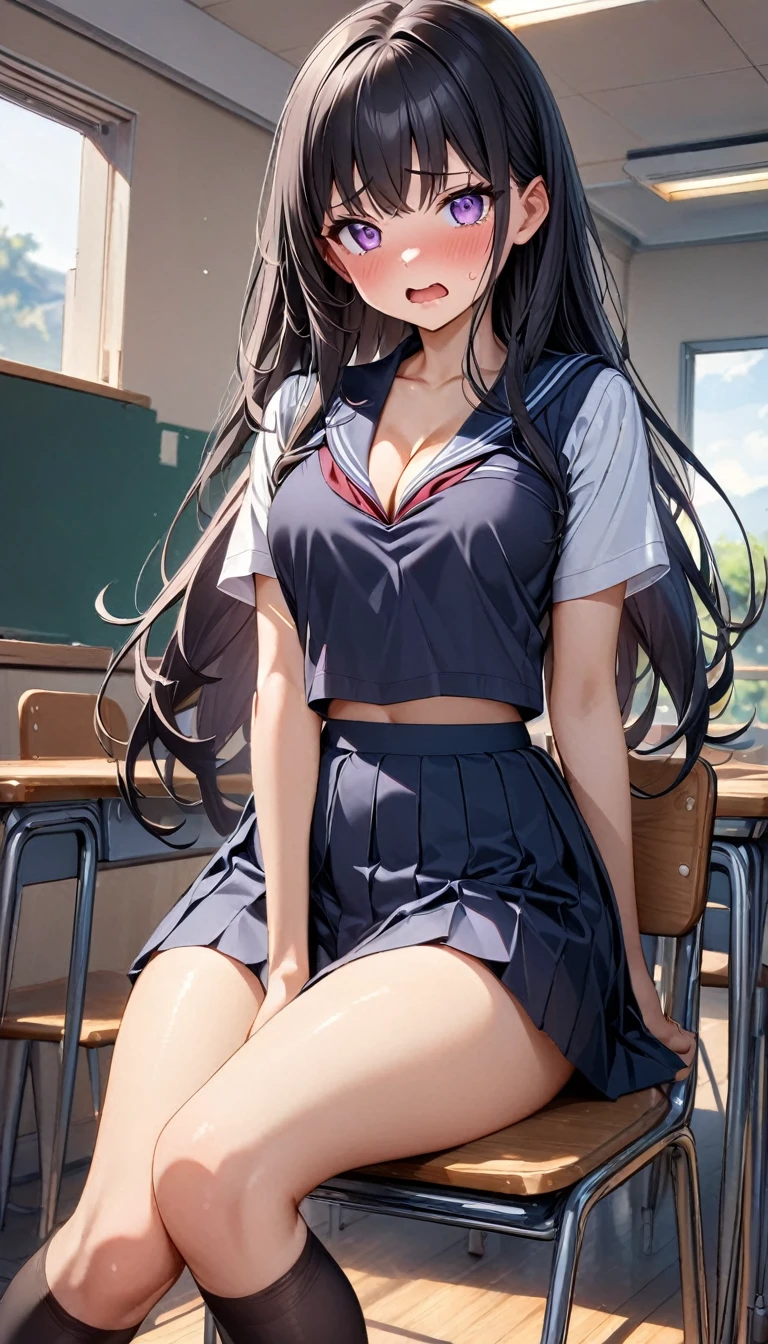 (cute eyes), (8K、Best image quality、highest quality、masterpiece)、Detailed face、Improve、(Black Hair, Purple Eyes, long hair)、(open mouth), (embarrassed), (skinny body),(medium breasts), (school uniform), (cleavage), Sit on a chair, Classroom Background, (black stockings), (Thighs), (Waistline)