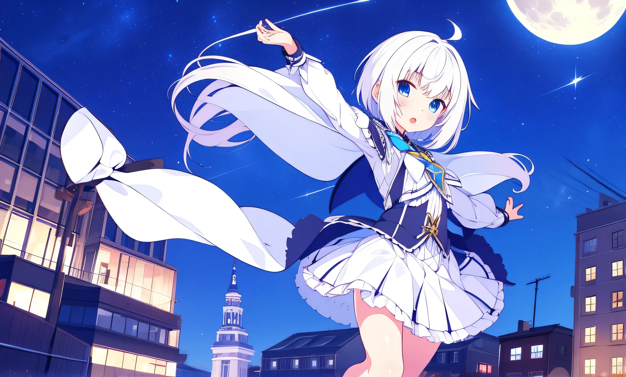 1 girl white hair blue eyes mahou Shoujo short skirt  on top of a building in starry sky with full moon 