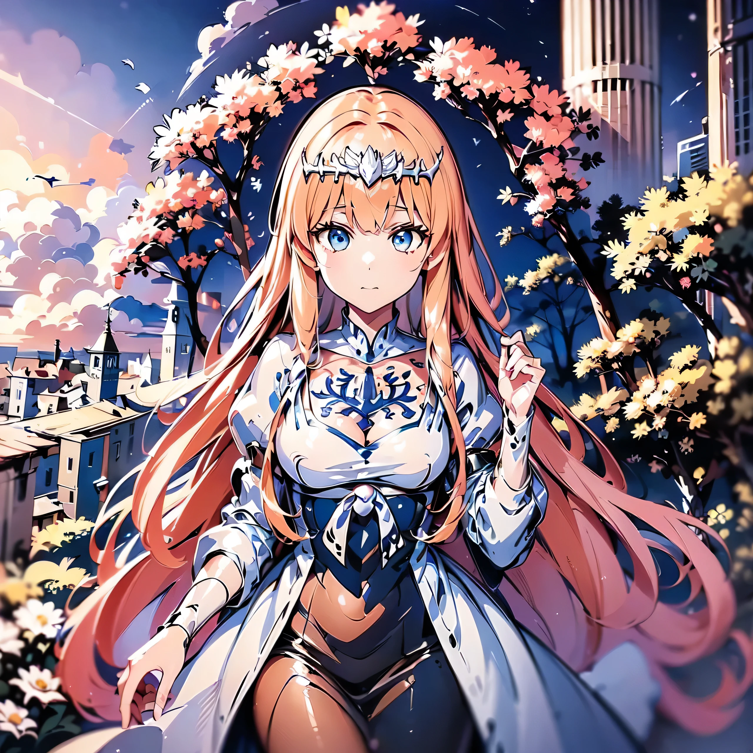 (Master masterpiece、highestres、offcial art、Beautifully Aesthetic:1.2)、(Master masterpiece、offcial art、Beautifully Aesthetic:1.2)、(Master masterpiece、offcial art、Beautifully Aesthetic:1.2)、(1girl in:1.3)、Heavily detailed、(Fractal Art:1.3)、colourfull、highestdetailed、「Enchanting witch from another world」This painting titled、It depicts a captivating beautiful witch manipulating magic in the castle gardens without limits。The castle spreads out、The garden there is、It creates an atmosphere as if a door to another world has appeared..。
1girl, solo, Calca, Calca Bessarez, blonde hair, (extremely long hair:1.6), very long hair, (white tiara:1.3), white dress, blue eyes, medium chest, long straight hair