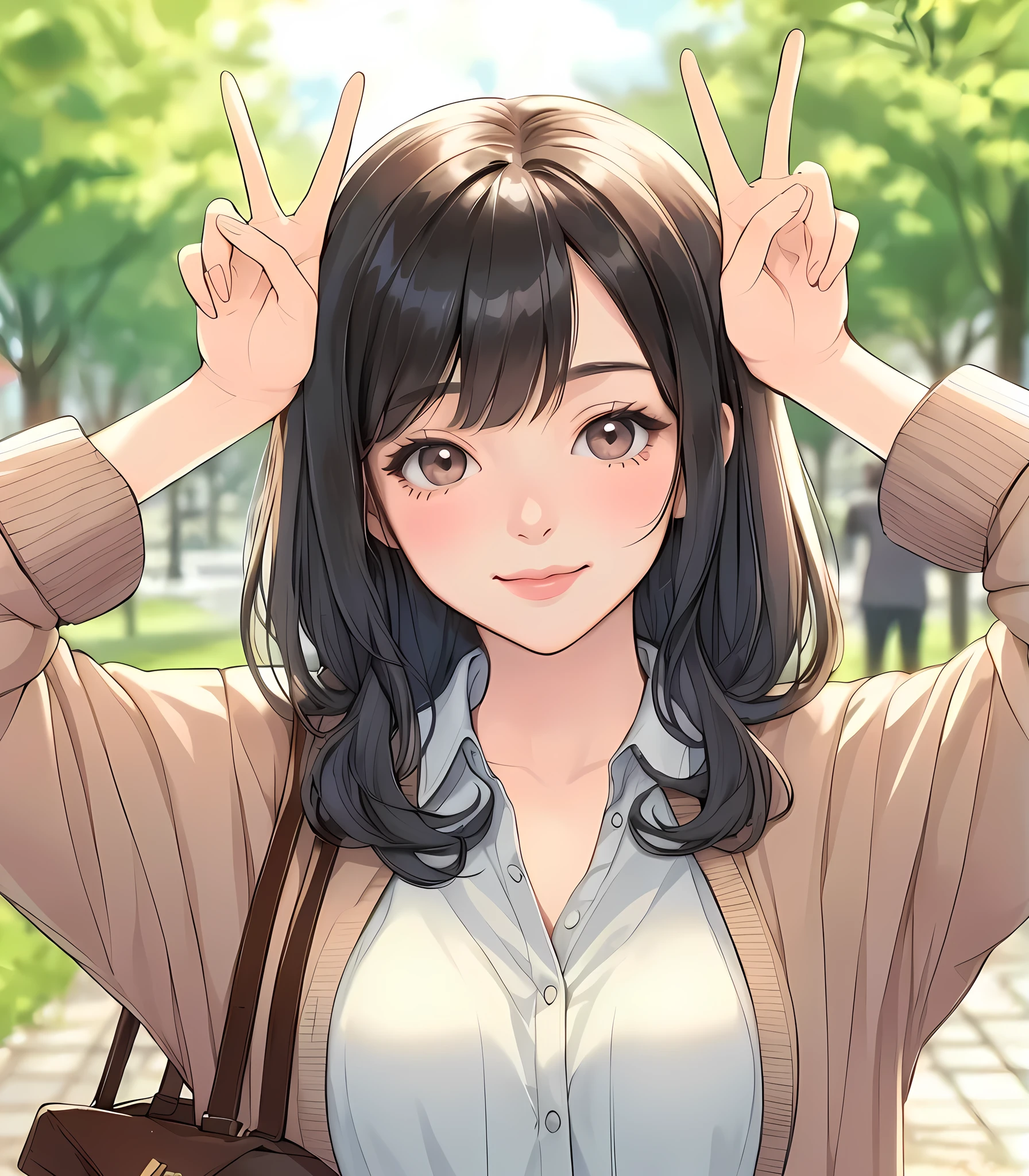 1lady solo, (placing hands above head), (gesture of rabbit ears), (peace sign), stylish outfit (calm attire), mature female, /(light black hair/) bangs, blush kind smile, (looking at viewers), (masterpiece best quality:1.2) delicate illustration ultra-detailed, large breasts, holding casual bag BREAK (ordinary urban park) outdoors, noon, trees
