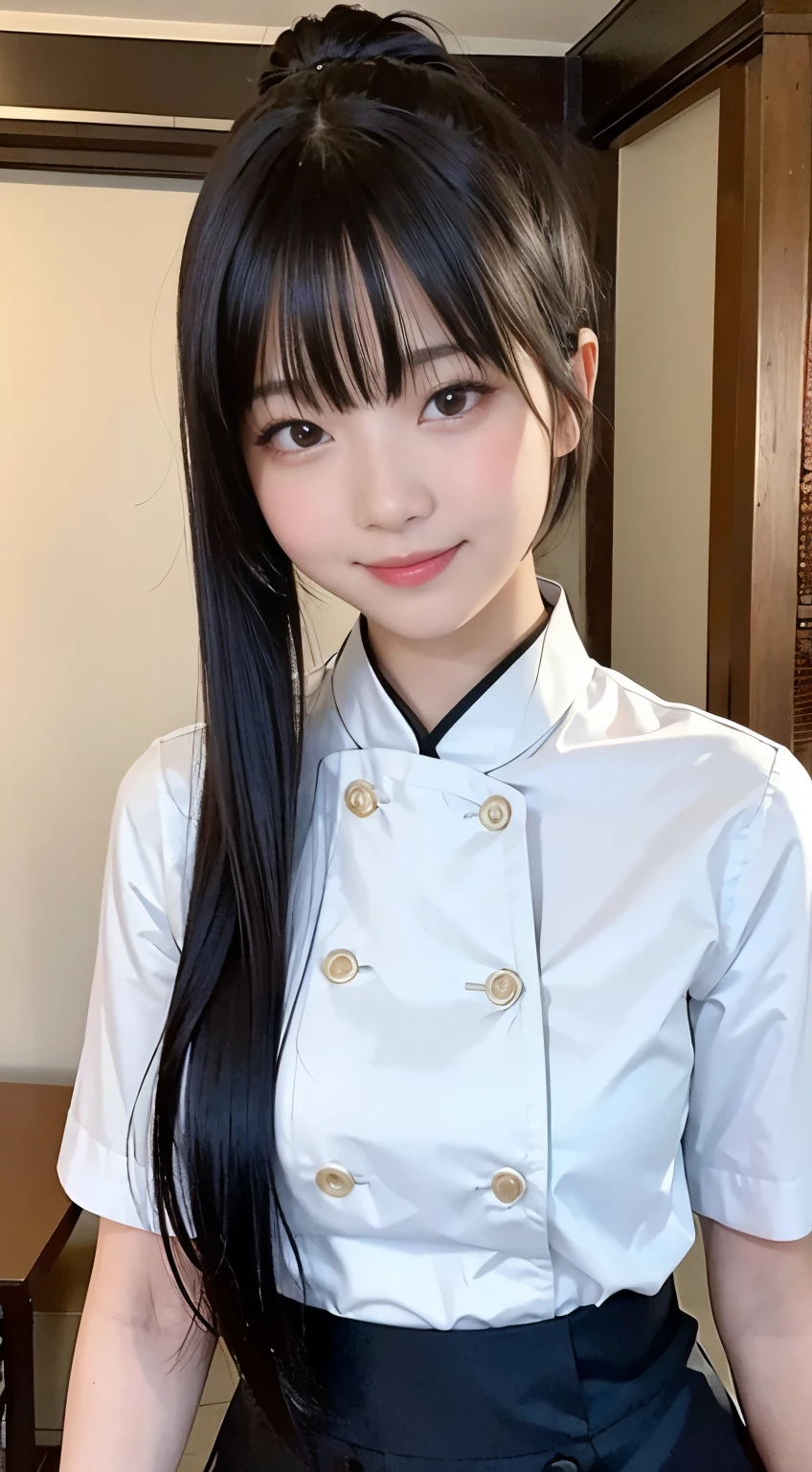 (highest quality,masterpiece:1.3,Ultra-high resolution,),(Very detailed,Caustics),(Photorealistic:1.4,RAW shooting,)Ultra-Realistic Capture,Very detailed,High resolution 16K human skin closeup。 Natural skin texture、,Pores、、、、It must be detailed enough to be easily identifiable。 Skin tone is even and healthy looking。 Use natural light and color,restaurant,Waitress Uniform,1 girl,Japanese,18-year-old,cute,Black-haired,ponytail,Big Breasts,smile,Turn your body forward,(Front view:1.1),Looking at the camera,Cowboy Shot,