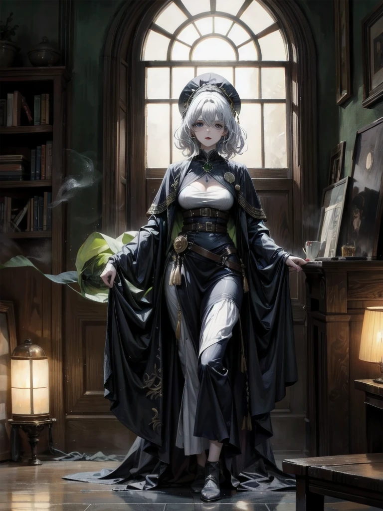 whole body, Anime character, a beautiful witch in her alchemist room, working on her project with a steaming cauldron filled with green glowing smoke, dressed in a traditional witch outfit, absurdres, RAW photo, extremely delicate and beautiful, masterpiece, Best Quality, ultra high resolution, 32k, hyperrealistic, ultra-detailed, perfect figure, perfect shape, detailed description, pale skin, 20 years old, detailed beautiful face and eyes, tearful mole, earring, short medium hair, wavy hair,
