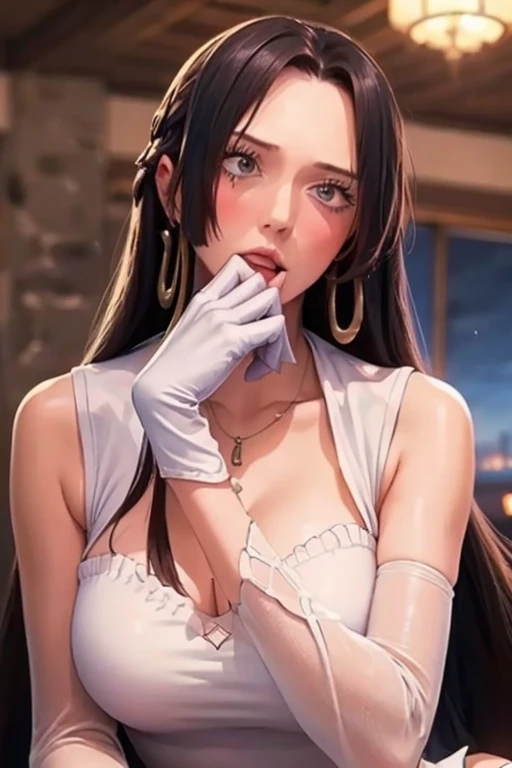 ((best quality)), ((masterpiece)), ((1girl)), solo, Ferry, ((long hair)), FerryBase, ((thighhighs)), bare shoulders, ((jewelry)), ((sleeveless)), white dress, blue skirt, ((gloves)), thigh-high, from behind.