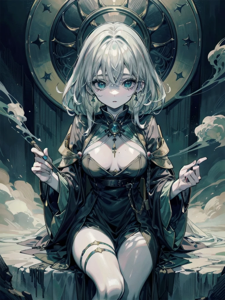 whole body, Anime character, a beautiful witch in her alchemist room, working on her project with a steaming cauldron filled with green glowing smoke, dressed in a traditional witch outfit, absurdres, RAW photo, extremely delicate and beautiful, masterpiece, Best Quality, ultra high resolution, 32k, hyperrealistic, ultra-detailed, perfect figure, perfect shape, detailed description, pale skin, 20 years old, detailed beautiful face and eyes, tearful mole, earring, short medium hair, wavy hair,