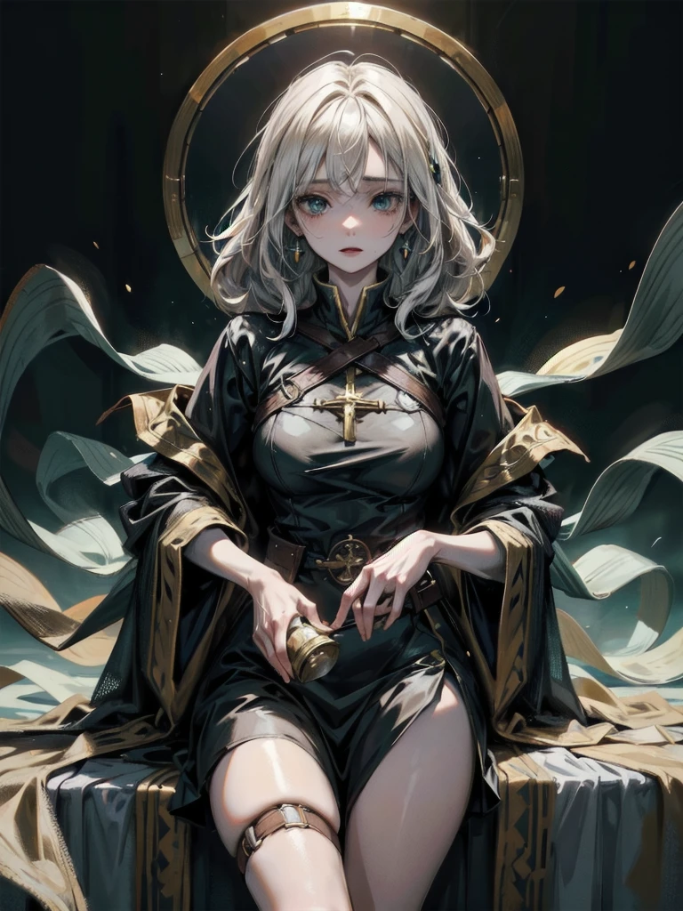 whole body, Anime character, a beautiful witch in her alchemist room, working on her project with a steaming cauldron filled with green glowing smoke, dressed in a traditional witch outfit, absurdres, RAW photo, extremely delicate and beautiful, masterpiece, Best Quality, ultra high resolution, 32k, hyperrealistic, ultra-detailed, perfect figure, perfect shape, detailed description, pale skin, 20 years old, detailed beautiful face and eyes, tearful mole, earring, short medium hair, wavy hair,
