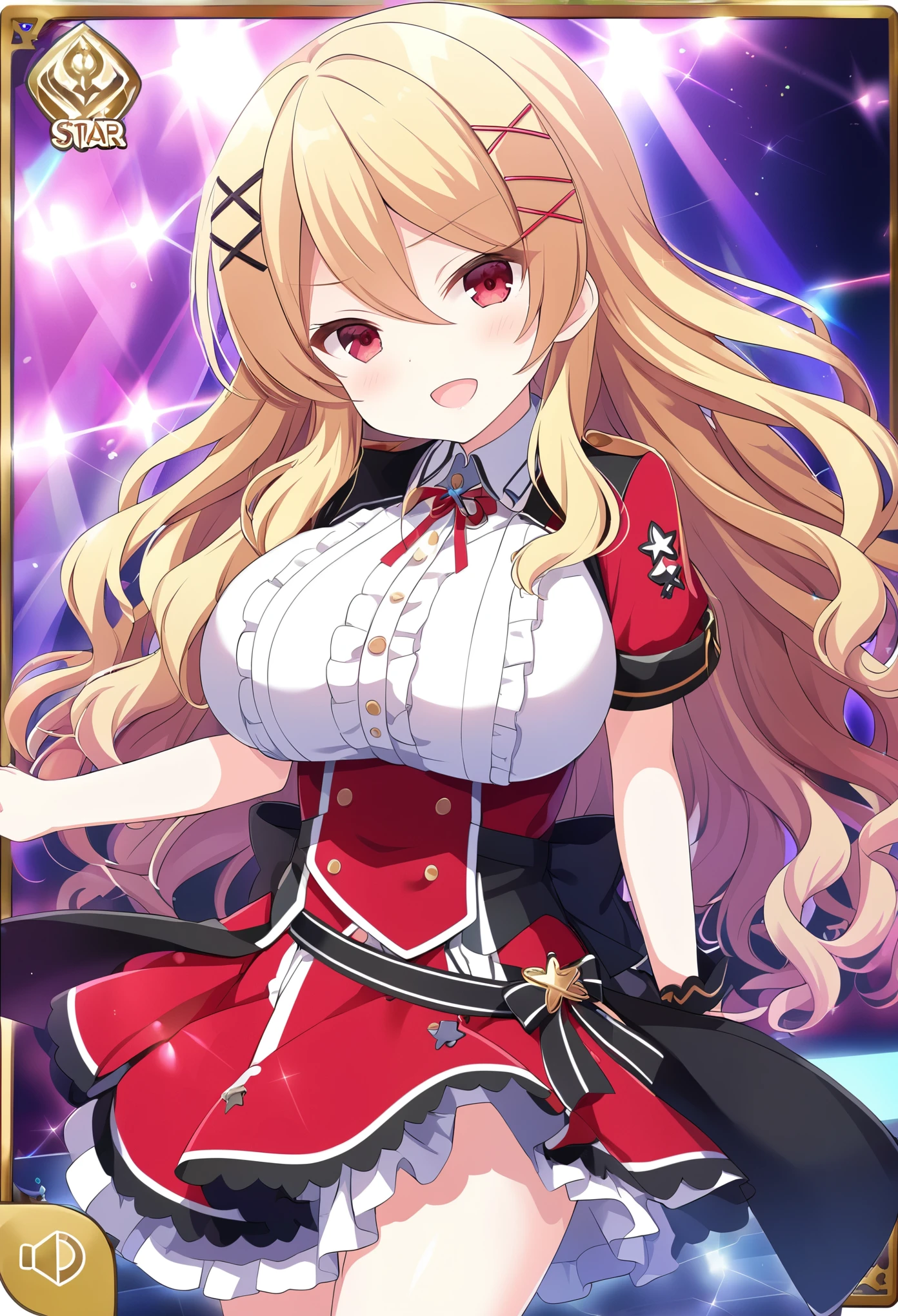 RYUGASAKIJURIA, BLONDE HAIR, HAIR BETWEEN EYES, X HAIR ORNAMENT, HAIRCLIP, WAVY HAIR, LONG HAIR, RED EYES,, large breasts, live stage, solo,