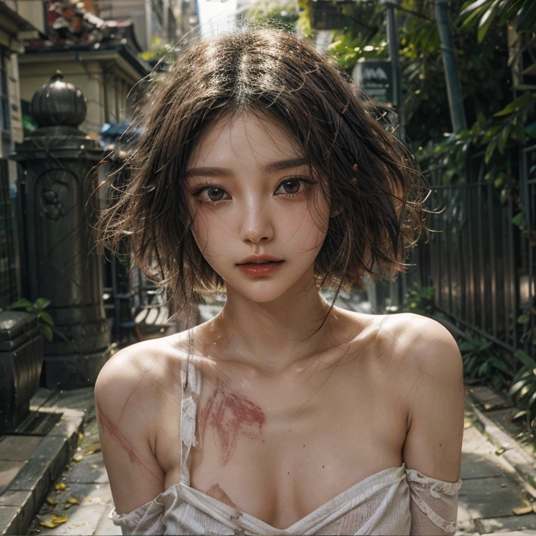 nsfw, corpse, sinister, female, thin, pale, looking at the camera, ultra realistic, fully detailed, cemetery environment, bright eyes, white dress torn and stained with blood, bones exposed, putrid wounds, , terrifying, bruised by the body, exposed fracture in the collarbone, slight smile, super detailed, black short hair, blood and wounds, no clothes, Jennie Kim, naked, naked body