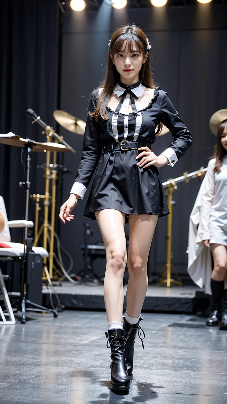 (8k、RAW Photos、highest quality、masterpiece:1.2)、(Realistic、Realistic)、1 girl、((Black and white miniskirt、With collar、smile、Arm Covers、See-through、stage、Spotlight、Straight Hair、ribbon、View from the front、boots、Standing with hands on hips))、