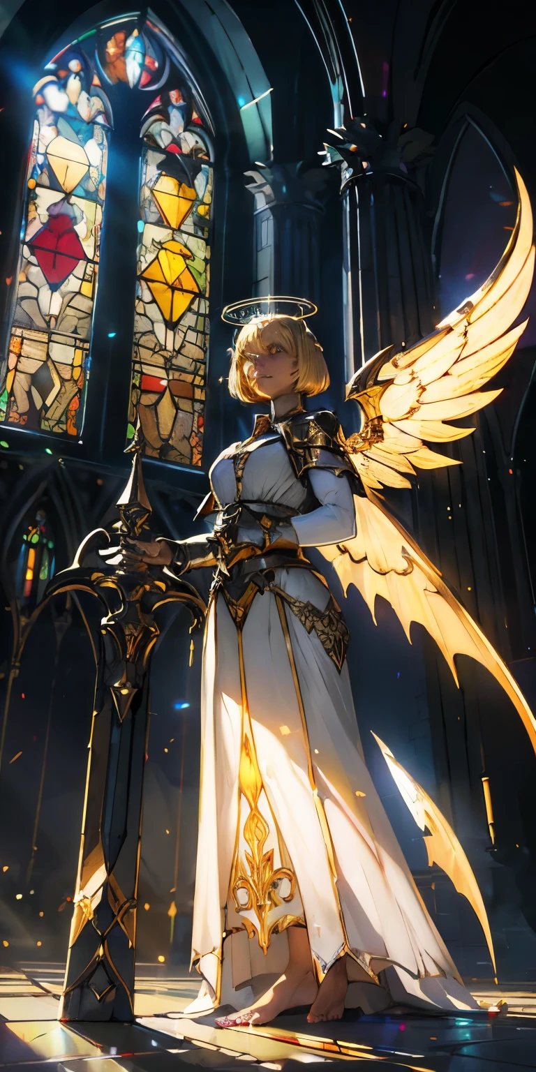 low angle, from below, paladin templar lady in white tabard, legwear, glowing yellow eyes, collar, golden chainmail, wide hips, barefoot, angel wings, pauldrons, halo, bob cut, blonde, eye focus, red cape, temple indoors, decorations, stained glass windows, night, particles, chromatic aberration, detailed, cinematic, dark scene, fantasy