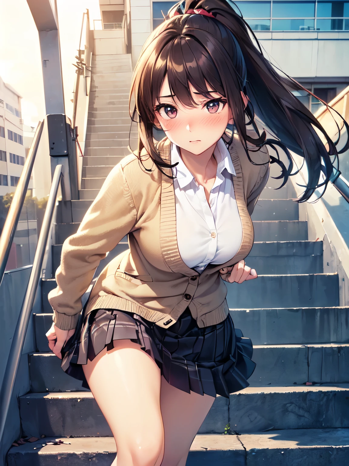 ((masterpiece, highest quality, High resolution, 超High resolution, Perfect Pixel, Depth of written boundary, 4K, RTTX 10.0, High resolution))), (One adult woman:1.3), Beautiful Anime Woman, Beautiful art style, Anime characters, ((Long Hair, bangs, Dark brown hair, ponytail)), ((Beautiful eyelashes)), ((Detailed face, Blushing:1.2)), ((Smooth texture, Realistic texture, Anime CG Style)), Perfect body, Slender body, (Adult woman climbing the stairs:1.2), (Beige cardigan, White shirt, Checkered pleated skirt:1.2), Angle looking up from the bottom of the rear stairs, (Station stairs, Many commuters in the background), (The skirt is blown up by the wind, Hastily hold down the skirt with one&#39;s hands:1), ((Shiny, stylish and sexy white satin lace panties:1.2)), Beautiful thighs, Small Ass, Looking back with a shy expression, The whole body is visible