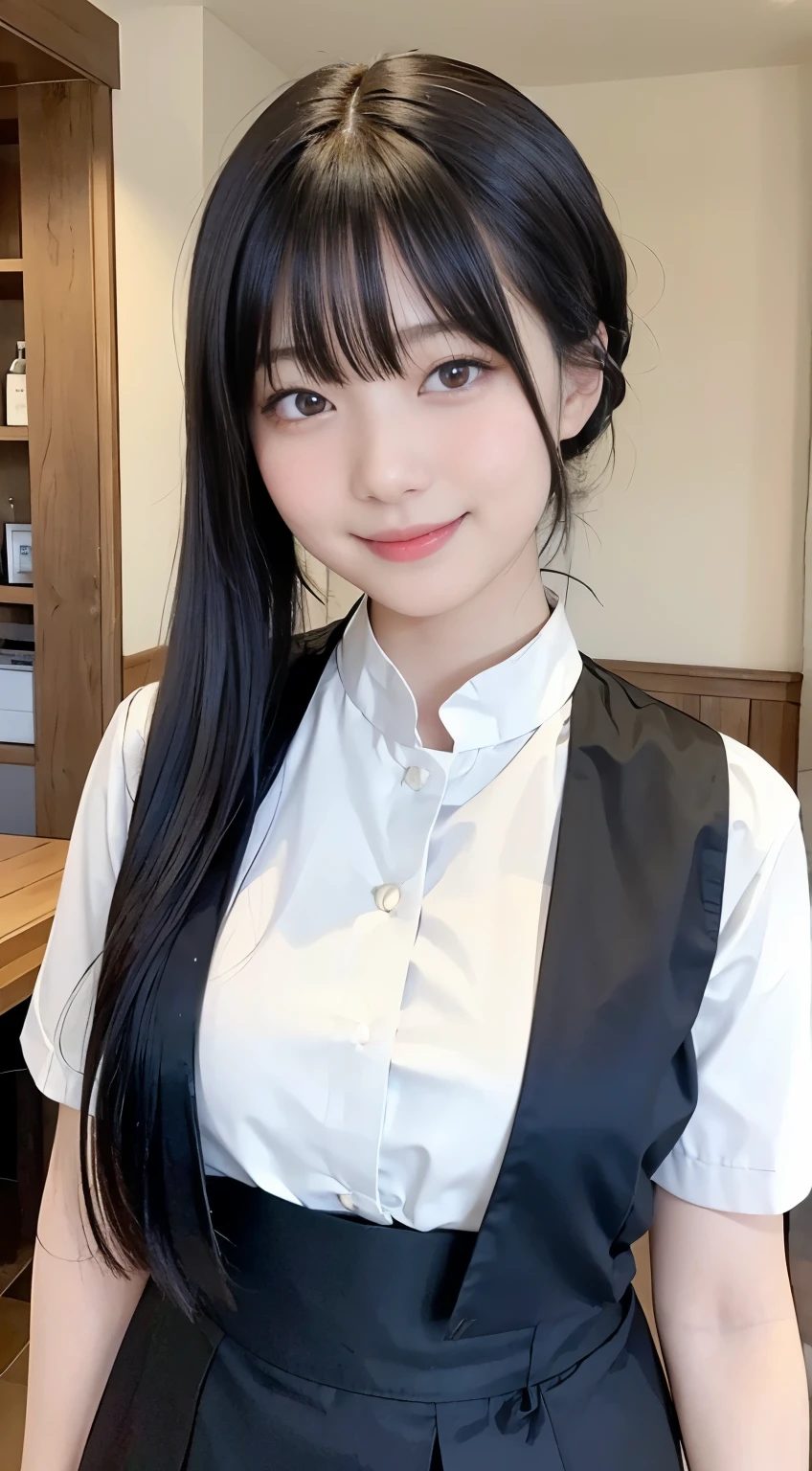 (highest quality,masterpiece:1.3,Ultra-high resolution,),(Very detailed,Caustics),(Photorealistic:1.4,RAW shooting,)Ultra-Realistic Capture,Very detailed,High resolution 16K human skin closeup。 Natural skin texture、,Pores、、、、It must be detailed enough to be easily identifiable。 Skin tone is even and healthy looking。 Use natural light and color,restaurant,Waitress Uniform,1 girl,Japanese,18-year-old,cute,Black-haired,ponytail,Big Breasts,smile,Turn your body forward,(Front view:1.1),Looking at the camera,Cowboy Shot,