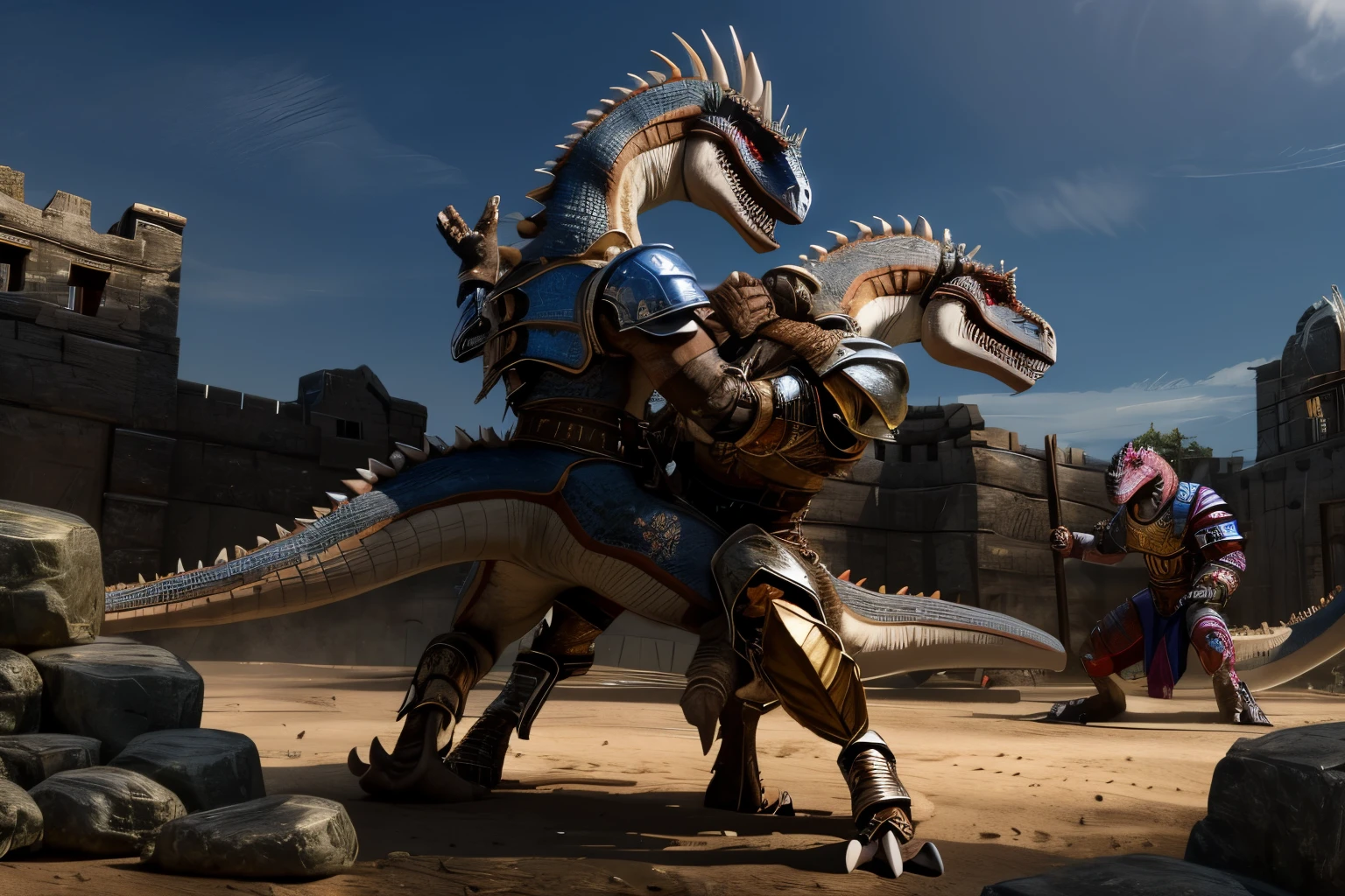 two anthro red scale armored dinosaurs fighting