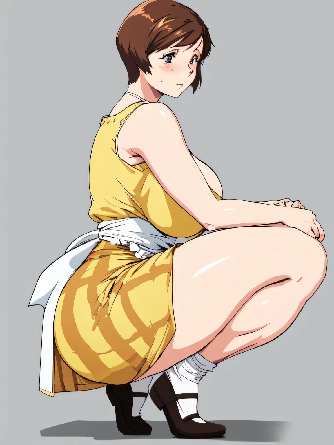 masterpiece, highest quality, High resolution, One Girl, alone, alone, short hair, etsukoto, fine grain, fine grain, (((Thick thighs, Plump thighs, Voluptuous thighs, Thighs are enough))), Big and ample breasts, Cleavage, Huge long breasts, Naughty big,((Big breasts are important))、((Naughty thighs)), L Cup, (thin:1.4),(Tight waist:1.4), (Perfect beautiful yellow dress:1.4), ((white waist apron)), Embarrassed look, White panties, (((Simple Background))), ((Wide Hips)), Shiny, Oily skin, Mature mother, Calf, Seductive mature woman, Perfect body, Plus Size Model, etsukoto, blush, clavicle, retro artstyle, 1990s (style), (squatting, open legs, legs slip), bent over, from side,