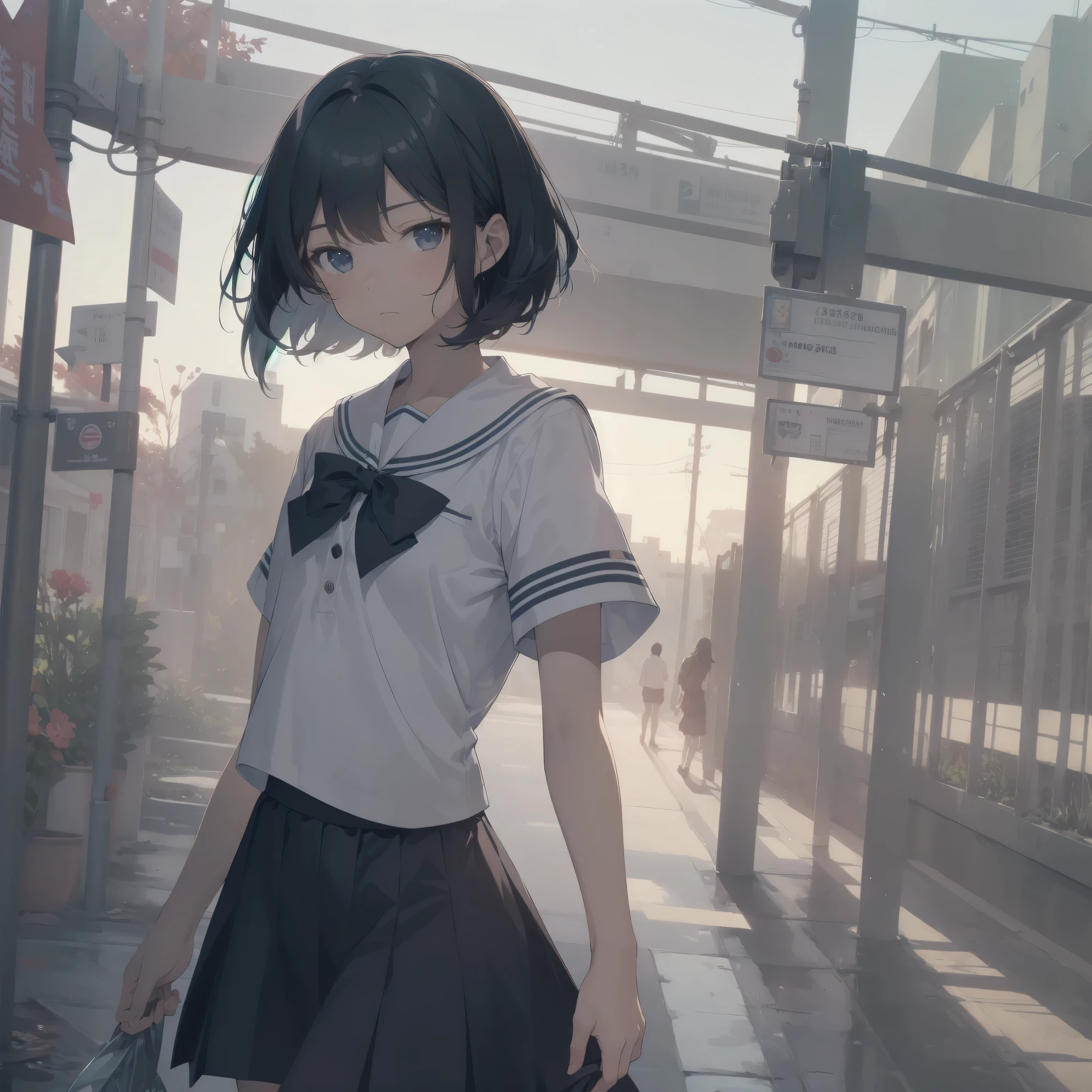 ultra-absurdres-Top quality by artist God, ultra-detailed, high resolution, anime moe artstyle, best anime 8k konachan wallpaper, pixiv contest winner, pool:2810, perfect anatomy,break, 1girl, (Please draw a girl walking sleepily to school alone. )break,(Solo,little female, 13-year-old:1.3),Full limbs, complete fingers,a junior high school student, (very short hair), short cut, flat chest, , small butt, small black eyes, beautiful detailed eyes, well-proportioned iris and pupils, expressive eyes, highres detailed hair, soft expression, salor school_uniform, sailor collar, serahuku, bow, pleated skirt,(Detailed Lighting), (Detailed background), in the School commute route. break,super detailed skin, Best cinematic lighting powered by famous artist, 8k,beauty illustration,photoshop_(medium),very aesthetic,break,((artist:kouno_(masao) )), artist:clamp ,artist:carnelian ,artist:kantoku ,