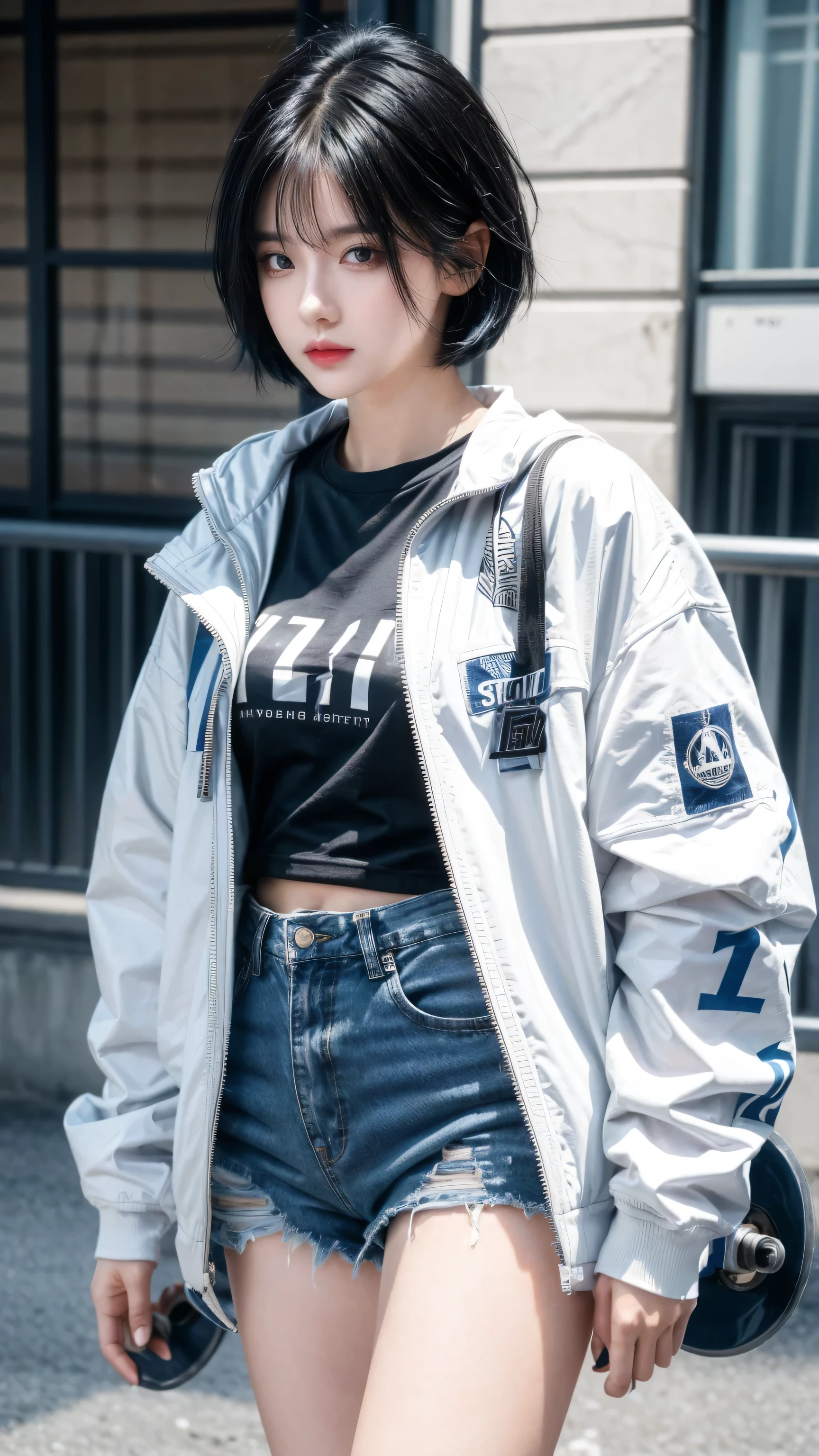 best quality, 1 Girl, dark blue hair, black eyes, Very short hair, Spiky hair, t-shirt, white jacket , High waist short jeans, 171 cm, Messy hair, Hair between the eyes, Medium breasts, full, Tomboy, aldult, 20 years old, 1 Girl play skateboard athlete