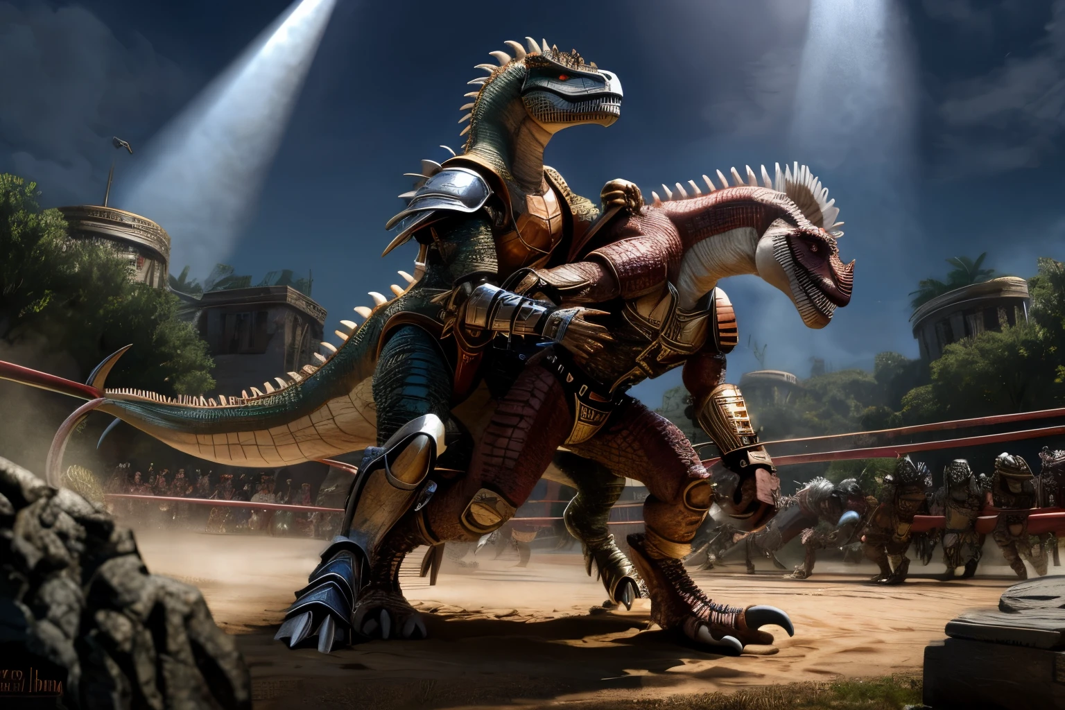 two anthro red scale armored dinosaurs fighting