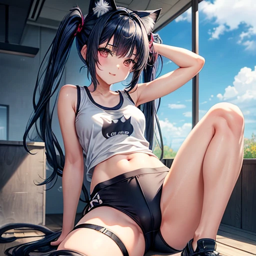 A girl with dark blue hair, cat ears and a tail, wearing a tank top and racing pants. body type Spreading legs Twin tails