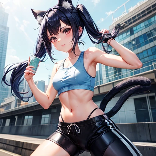 (8K, RAW photograph, Highest quality, masterpiece:1.3),(Genuine,photograph:1.37),(Black Hair),Pause,One girl,Very beautiful face,cute,(small),(Hands down))),Poggy Hairstyle,Random representation,(White T-shirt),JK_style,(Track Shorts) ,Black Hair,(19 years old),moderate,Five Fingers,Normal hand,small Mouth,Straight hair Dark blue hair girl, Cat ears and tail, Wearing a tank top and racing pants. Loli body type Twin tails Female genitalia is visible Detailed depiction of female genitalia Flat Chest Stern expression With legs apart