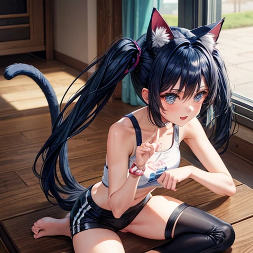 A girl with dark blue hair, cat ears and a tail, wearing a black bikini and racing pants　Loli body type　　Twin tails　Female genitalia is visible　With legs apart　Detailed depiction of female genitalia　Flat Chest