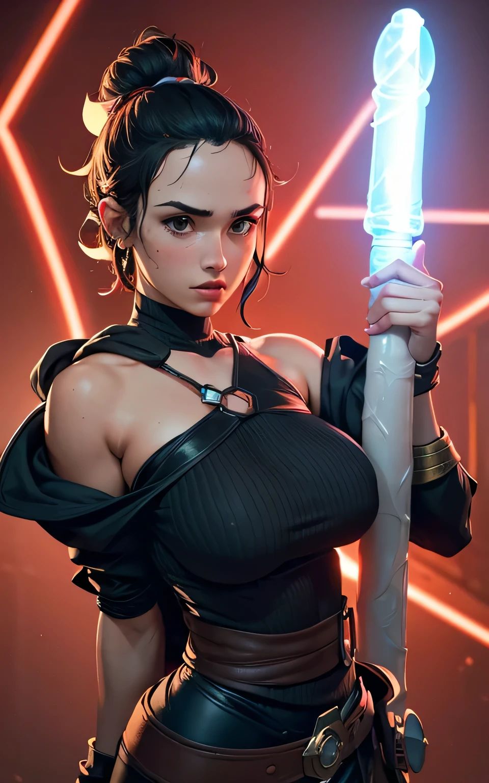 score_9, score_8_up, score_7_up, score_6_up, score_5_up, score_4_up, Rey with big boobies large nips and a nice body holding a glowing dildo