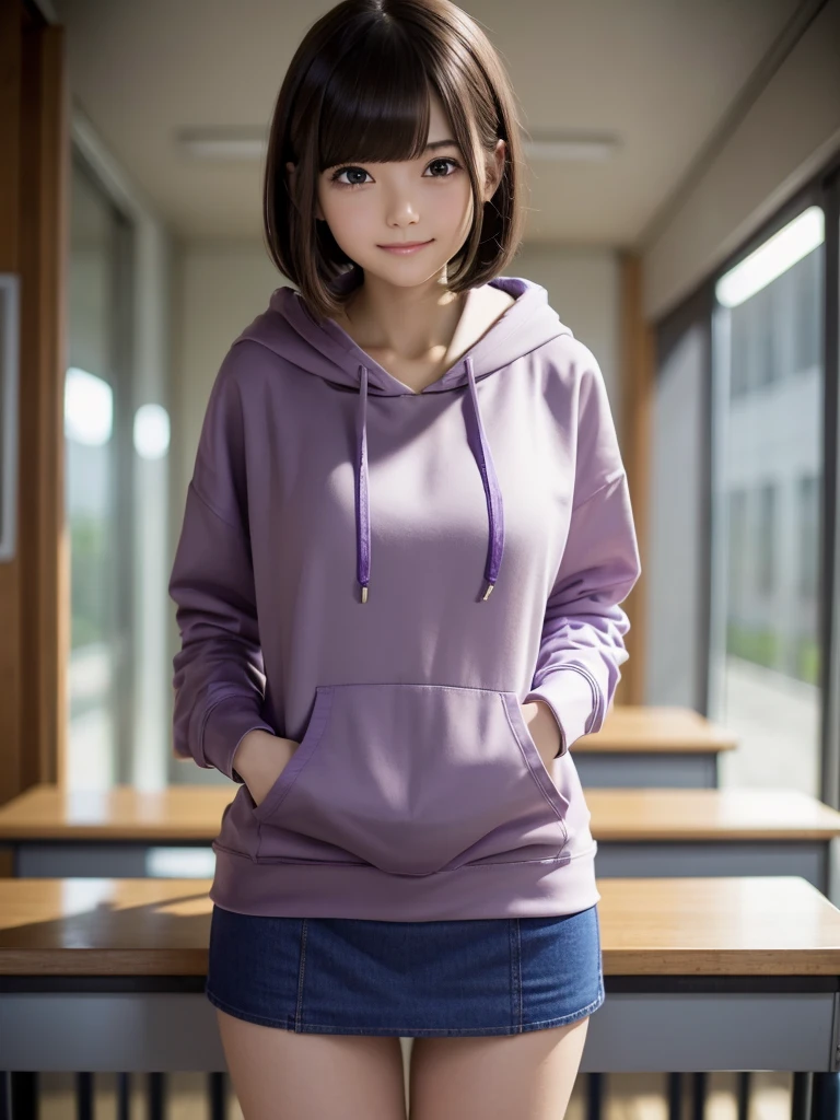 (8k, RAW Photos, highest quality), Stand in the classroom of school, (((((((One woman))))))), ((Brown Hair)), ((Short Bob Hair)), ((Detailed eyes)), ((Long, slender legs)), ((smile)), (((Purple hoodie))), ((Denim micro mini skirt)), Asymmetrical bangs, 少しのsmile, Thighs, knees, ((Put your hands on your hips and stick out your chest))，pretty girl，Slender girl