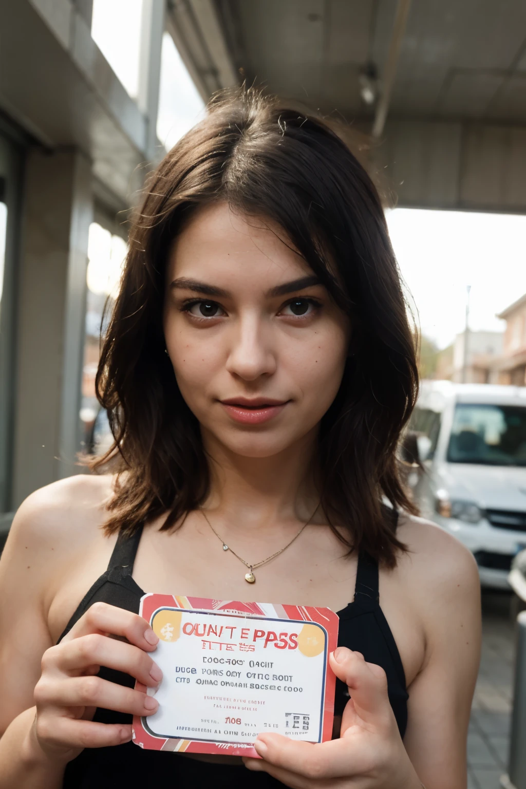 woman,stick out tongue,Hanging eyes,very excited,Holding the ticket in hand,The ticket says "Quick Pass"