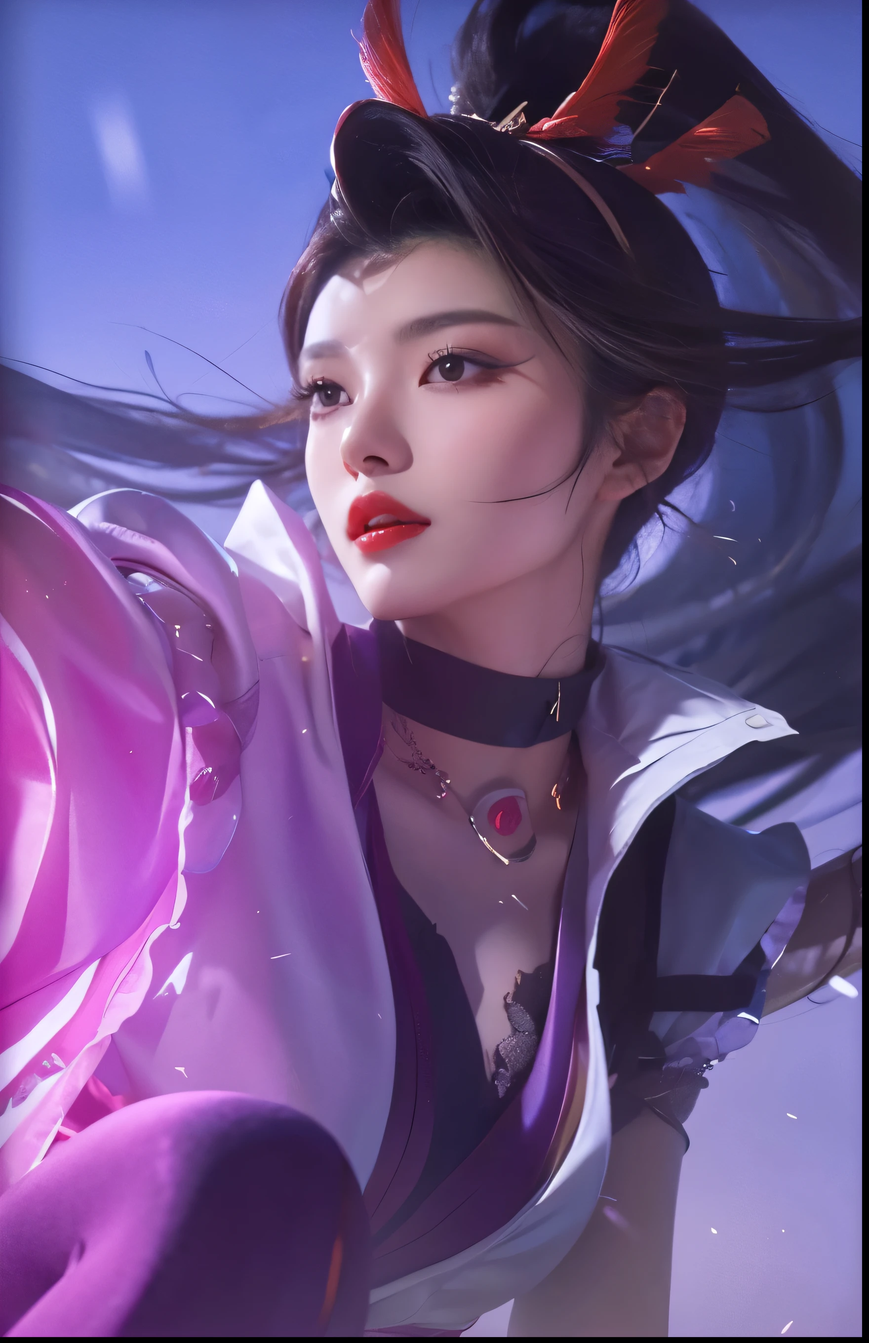 A beautiful korean woman,red lips,black hair, super realistic, high detailed