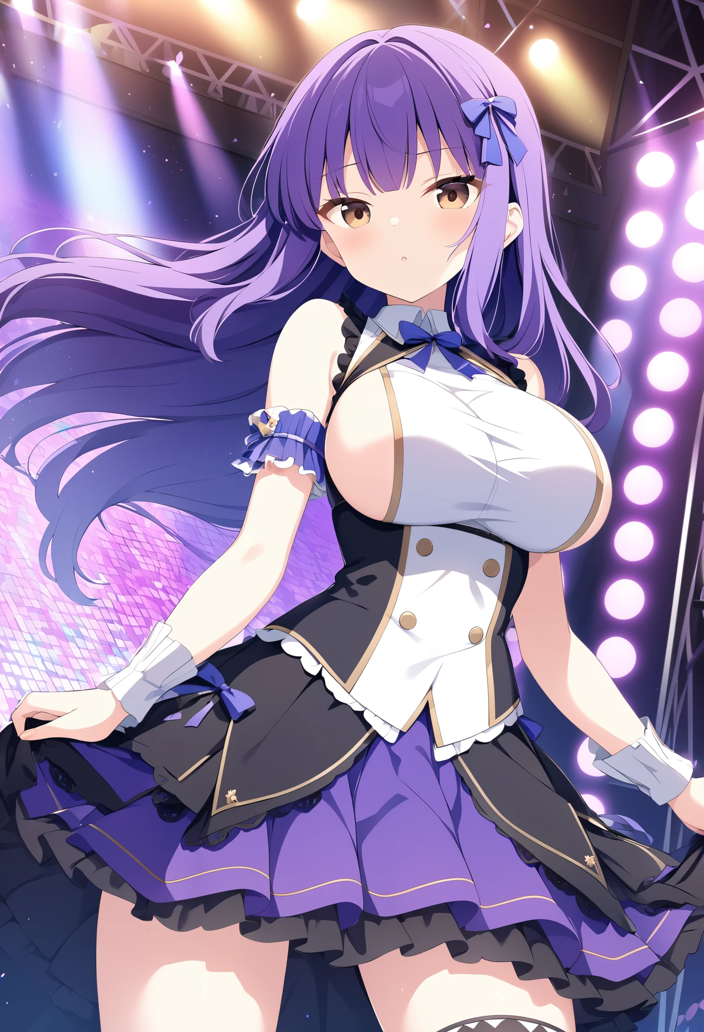 IchinoseTomoe , brown eyes, purple hair, long hair,, large breasts, live stage, solo,