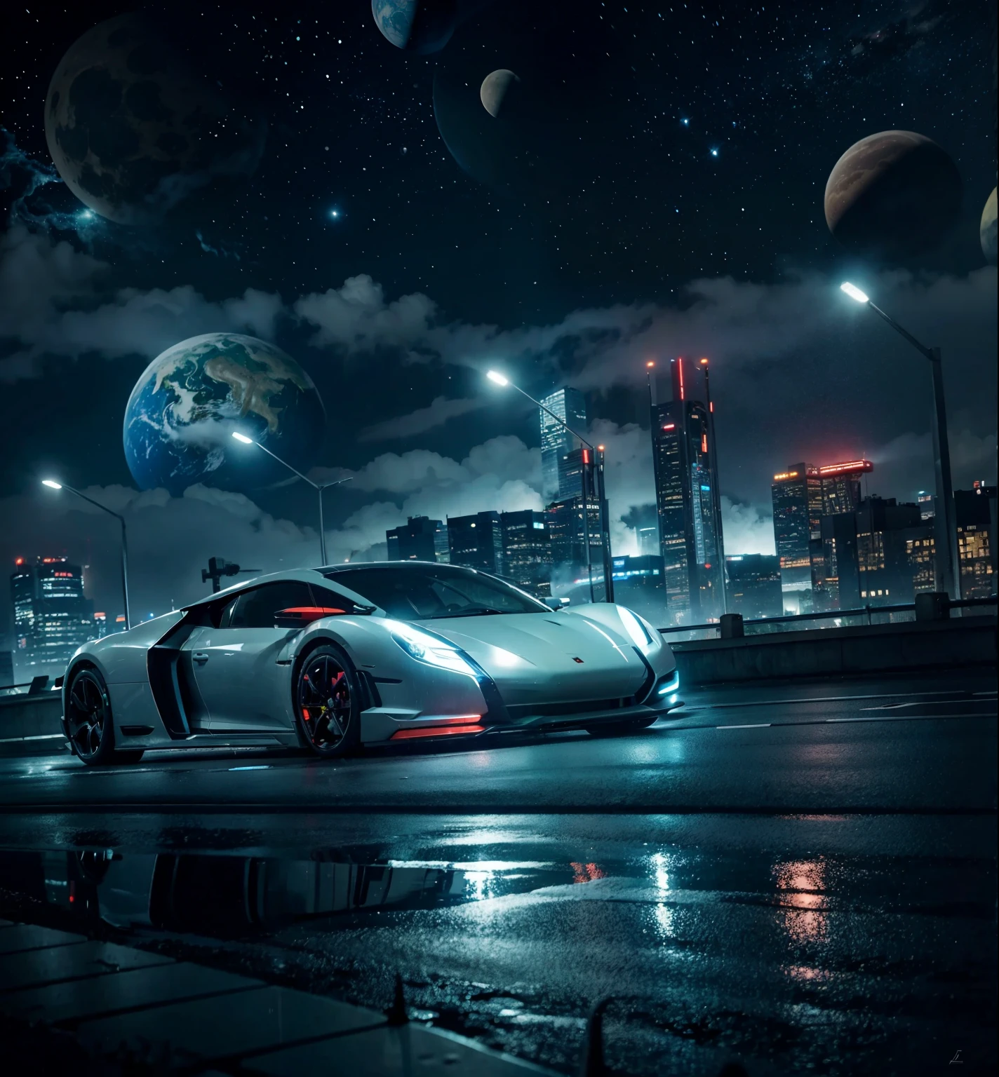 A sci fi night scene, a ultra modern sci fi car in a wet road in the back there's a high modern city of buildings among the fog and smoke and far away are the planets and stars shining  in the dark sky