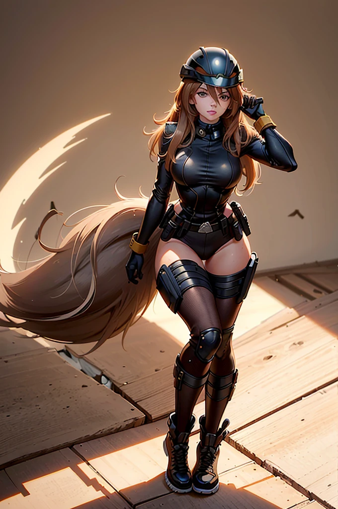 Crie uma mulher, athletic, beautiful body from head to toe, muito linda, cabelos curtos e marrons, rosto da Emma Stone, with a uniform with fur like a squirrel, with a helmet like a squirrel's head, and a tail that's like a squirrel, usa botas longas e marrons, Marvel superhero style, 8k, melhor qualidade, appears in the full body image from head to toe, she is walking in the forest.