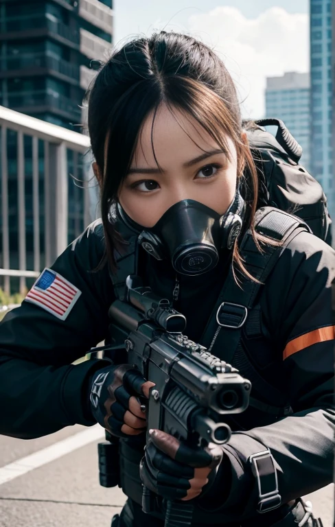 Highest image quality, outstanding details, ultra-high resolution, (realism: 1.4), ((close up:0.75, from front)), Photorealistic, highly condensed 1 lady, full body, aiming with an assault rifle, Combat pose, (Detailed face), looking to the camera, (cloths color black:0.4 white:0.5 other-color:0.1), (wearing rash-guard likes police uniform, gloves,black and gray mecha, wearing futuristic-gasmask, military harness, holding a machinegun, carrying hich-tech-backpack), background grey, Fingers are occluded