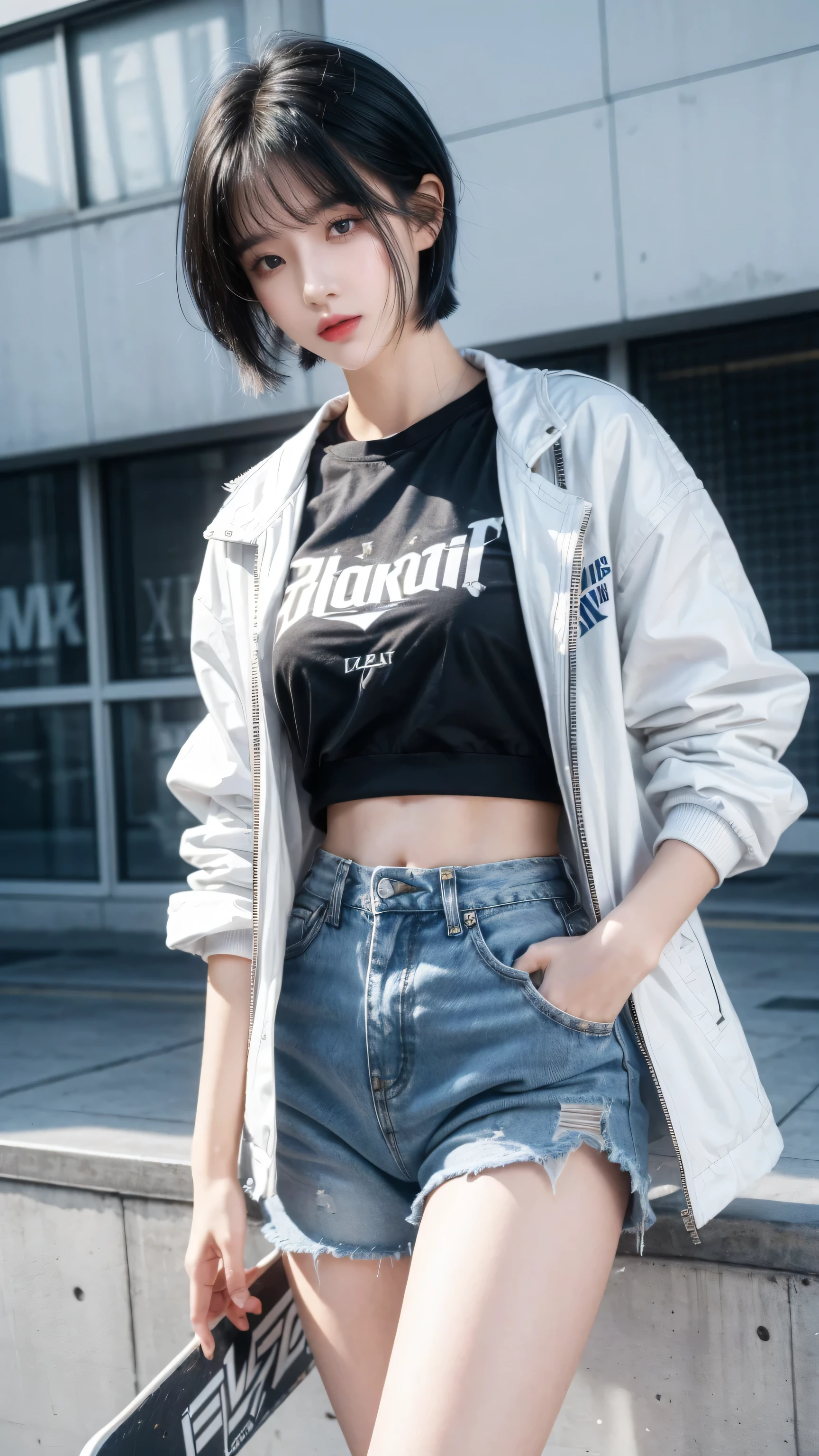 best quality, 1 Girl, dark blue hair, black eyes, Very short hair, Spiky hair, t-shirt, white jacket , High waist short jeans, 171 cm, Messy hair, Hair between the eyes, Medium breasts, full, Tomboy, aldult, 20 years old, 1 Girl play skateboard athlete