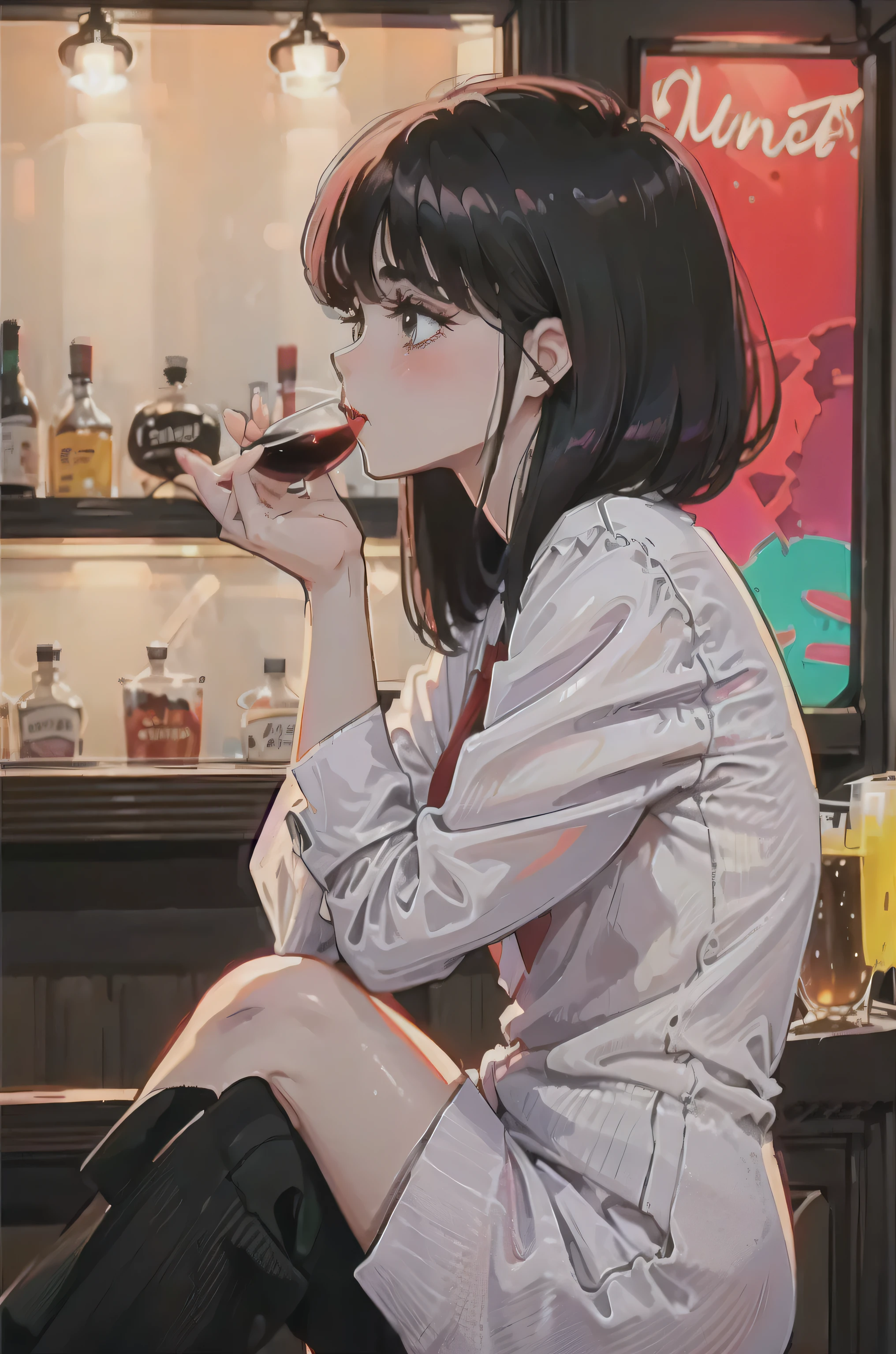 Anime woman with short black bob hair, rich red lip gloss, (wearing a suit), Eyes widened, blush, Sitting at the counter drinking red wine at the bar, at the pub, ((close:1.3)), close of her profile, ((Side view)), side shot camera angle, ((blurred background)), ((background bokeh)), red light, dark background,