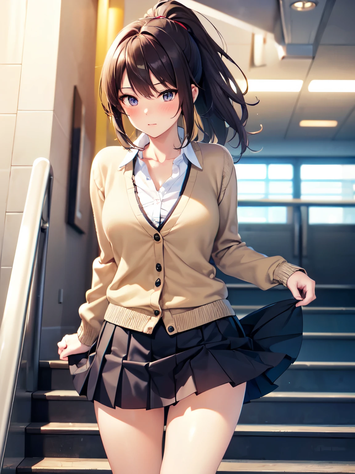 ((masterpiece, highest quality, High resolution, 超High resolution, Perfect Pixel, Depth of written boundary, 4K, RTTX 10.0, High resolution))), (One adult woman:1.3), Beautiful Anime Woman, Beautiful art style, Anime characters, ((Long Hair, bangs, Dark brown hair, ponytail)), ((Beautiful eyelashes)), ((Detailed face, Blushing:1.2)), ((Smooth texture, Realistic texture, Anime CG Style)), Perfect body, Slender body, (Adult woman climbing the stairs:1.2), (Beige cardigan, White shirt, Checkered pleated skirt:1.2), Angle looking up from the bottom of the rear stairs, (Station stairs, Many commuters in the background), (The skirt is blown up by the wind, Hastily hold down the skirt with one&#39;s hands:1), ((Shiny, stylish and sexy white satin lace panties:1.2)), Beautiful thighs, Small Ass, Looking back with a shy expression, The whole body is visible