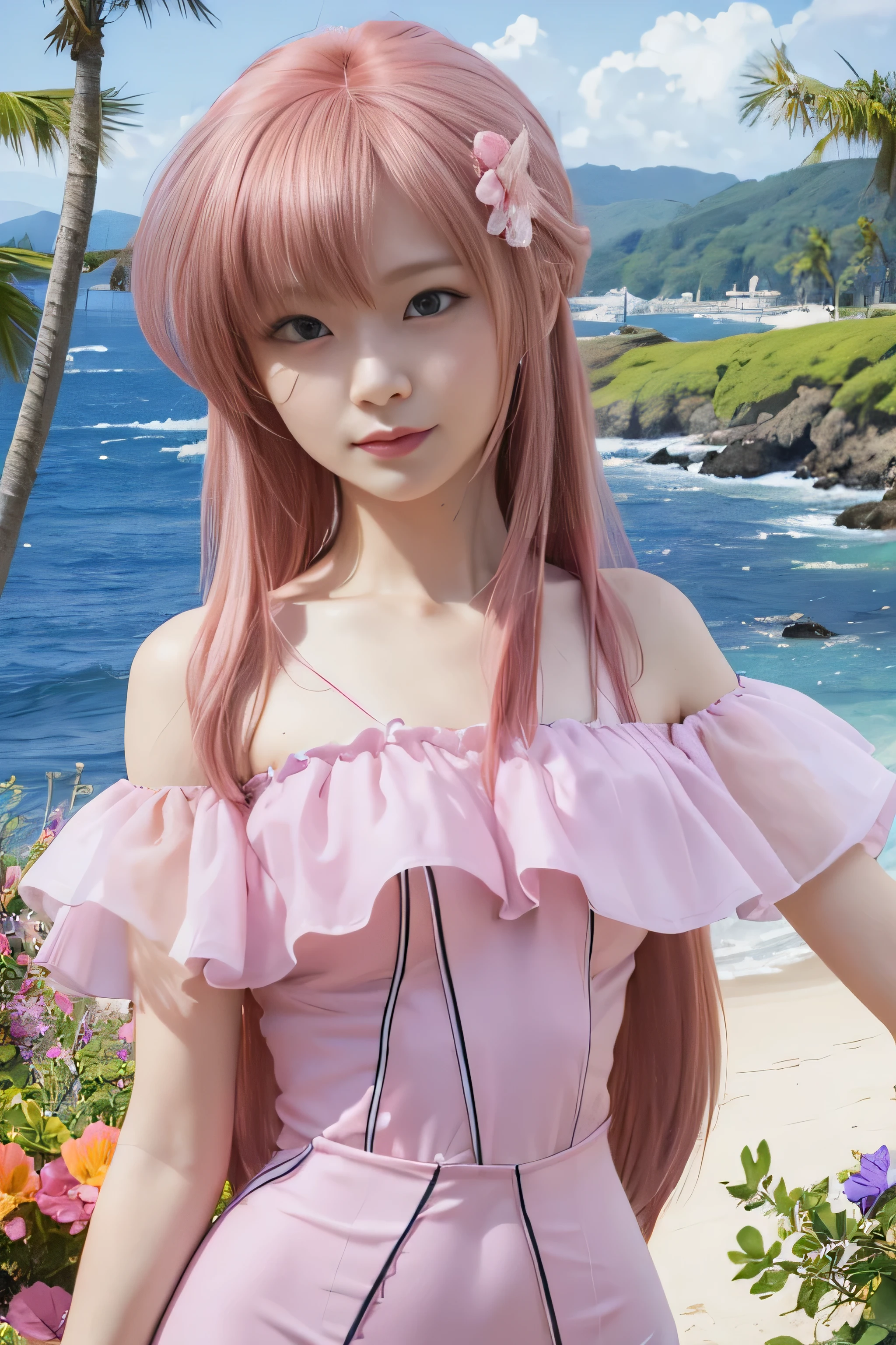 masterpiece, best quality, (realistic,photo-realistic:1.4), (RAW photo:1.2), extremely detailed CG unity 8k wallpaper, delicate and beautiful, amazing,finely detail, official art, absurdres, incredibly absurdres, huge filesize, ultra-detailed,extremely detailed eyes and face,light on face,(little smile)lacus clyne,(pink hair:1.4),(long hair:1.4),(wearing summer outfit:1.4),nature,black tanktop,beach