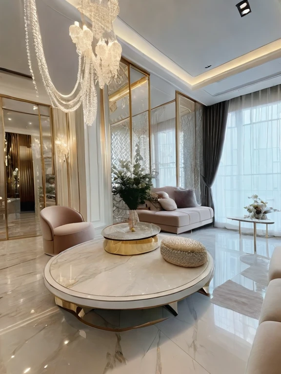 ，Masterpiece, Best quality，8K, Ultra-high resolution，When you step into the living room，Immediately surrounded by a rich atmosphere of luxury。Ornate crystal chandeliers hang high on the wall，Shine brightly。The sofa was covered with a soft white fluffy blanket，It is so comfortable，So much so that you can't help but indulge in it。In the corner of the living room is a delicate coffee table，Embellished with precious porcelain and champagne gold ornaments。Whenever it is late afternoon，The afterglow from the window spilled on the floor，Soft light and shadow are reflected，It was as if entering a dreamland。