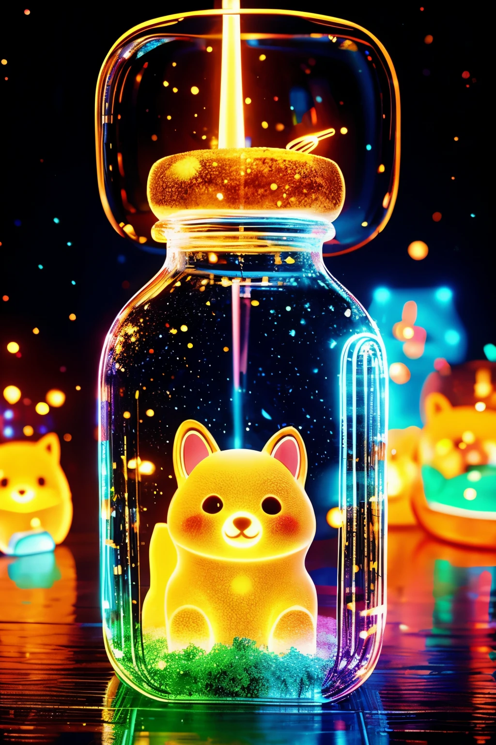 Shiba Inu baby in a bottle, Lovely, actual, Atmospheric light refraction, photography：Lee Jeffries, Nikon d850 film stock photos 4 Kodak portra 400 camera f1.6 guns, rich and colorful, ultra actual actual textures, Dramatic Lighting, Unreal Engine Trends on artstation cinestill 800, Style - Glass