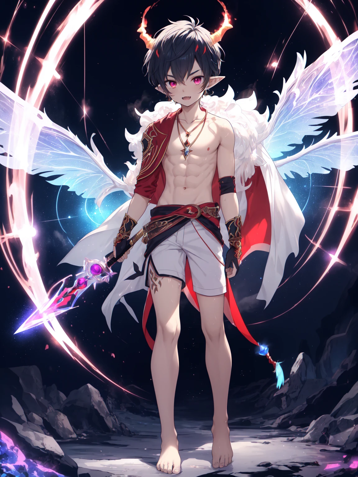 (((Masterpiece))), (((Best Picture Quality))), High Quality, (((Rich and Vivid Colors))), ((Abundant Details)), (Ultra-High Resolution), 8K Resolution, Exquisite Imagery, (((Strong Perspective, Intense Visual Impact))).
Anime Style, Manga Style, Illustrations, Original Art, CG. Depth of Field, Eye Level, (Full Body Shot, Full Body Standing Illustration), (Pure White Background).
(((Solo))), (Handsome Guy, Cool and Dashing, Beautiful Young Man, Boy), Warrior and Swordsman Classes, ((Male Protagonist Attire, Male Lead)), Pale and Delicate Skin, (Protagonist's Face), Hedgehog Hairstyle, Devil Horns, (Blue Short Hair), (Purple Tips), Lively and Spirited (Bangs), Under Thick Eyebrows (Refined Facial Features, Perfect Face), Watery, Bright and Expressive ((Golden Glowing Eyes)), a Pair of Elf Ears, Half (Devil Wings) Growing from Behind, and (Devil Tail). He Maintains a Combat Stance, (Battle-Weary) He, with Particularly Noticeable (Wounds) on His Body, (Gloves and Bracers) in Tatters, Excited Expression, Tense Demeanor, Face and Body Covered with (Beads of Sweat), Mouth Slightly Open Revealing (Fangs), (Barefoot), Holding a Sharp Sword, Charging Forward, (Red Crystal Pendant) Around His Neck, and the Blouse Fluttering in the Wind Revealing (Lean Physique), Sexy and Firm (Abs), (Navel).
Surrounded by Luminous Blue (Lightning and Gases), Floating Nearby are Condensed (Crystals), and (Flames), Above His Head Appears a Huge Purple-Red Magical (((Magic Circle))).