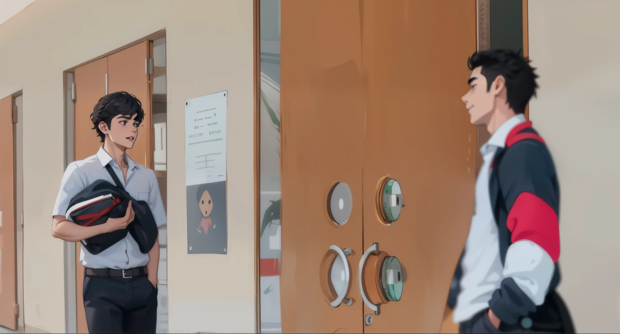 dos lindos chicos se encuentran de frente en la escuela