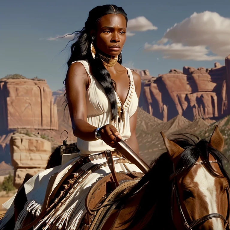 woman brown skin long straight black hair, long hooked nose, native american, indian, in white dress riding a black horse in front of a rocky mountain, in the show westworld, cinematic still in westworld, westworld style, cinematic still of westworld, an epic western, western film, [ western film ], westworld, promotional movie still, promotional still, western cowgirl, western, still from a live action movie