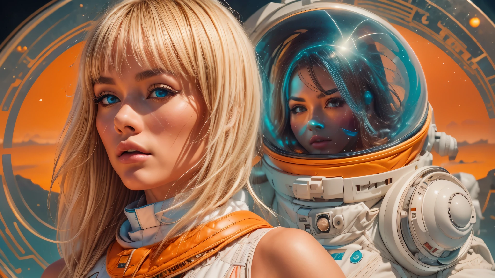 arafed image of a white woman in a futuristic suit with a spaceship in the background, movie art, in front of an orange background, inspired by Robert McGinnis, female protagonist, megastructure in the background, portrait of an ai astronaut, astronauts, an astronaut, portrait of a astronaut skeletor, perfect android girl, detailed eyes, perfectly detailed teeth, frank franzzeta and sakimichan  